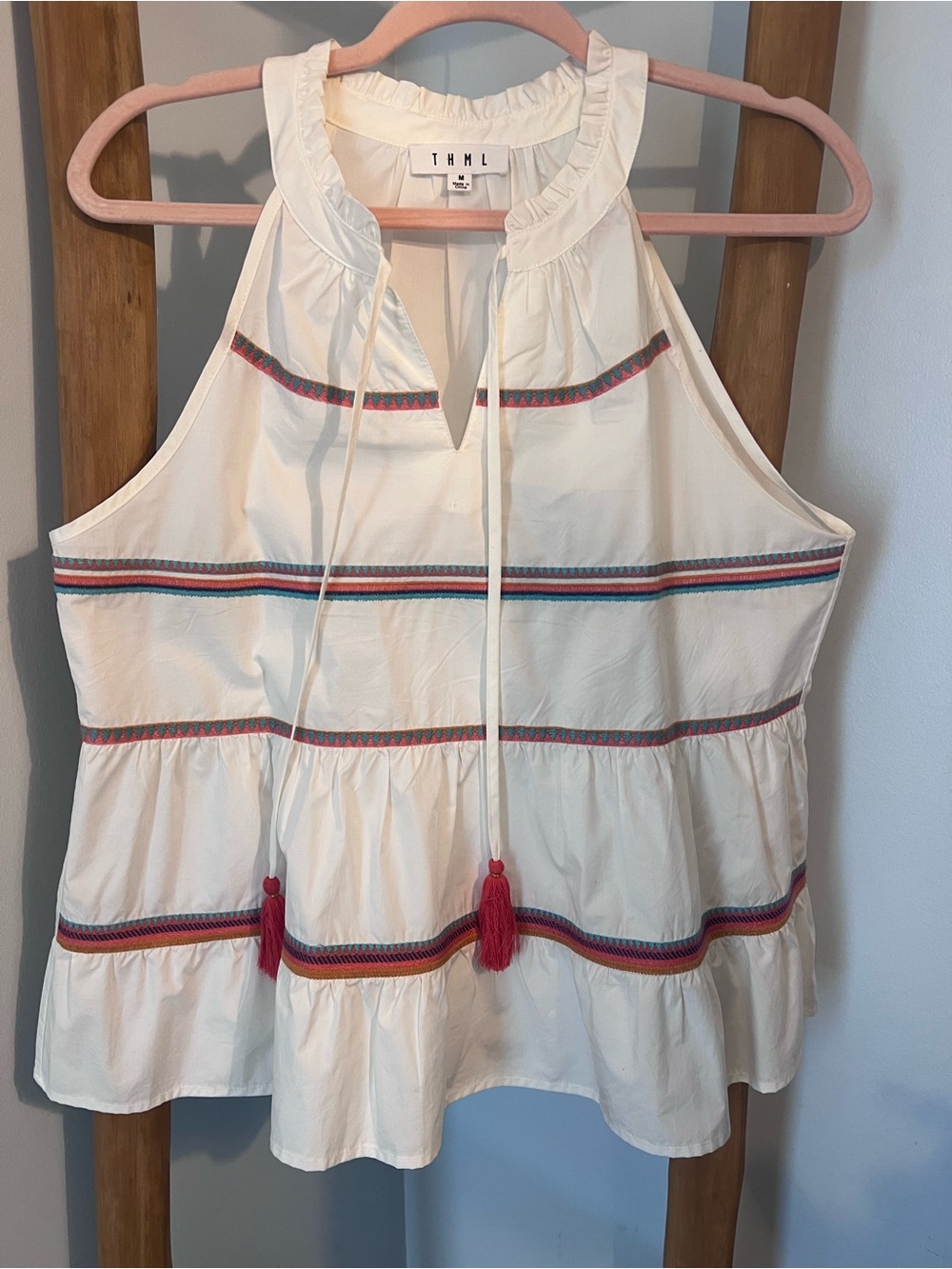THML Boho Embroidered Tassel Tiered Tunic Top White Size M